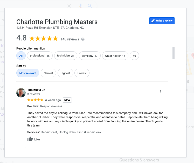 Charlotte Plumbing Testimonial Screenshot